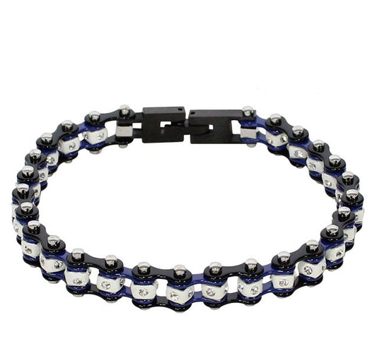 Black Chrome and Blue Squared Motorcycle Bracelet With Clear Gemstones