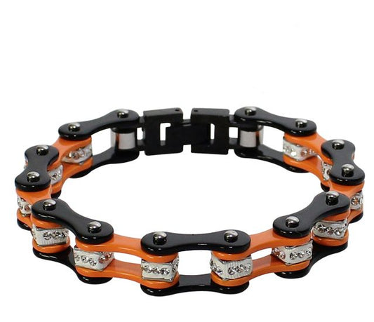 Large Black And Orange Motorcycle Chain Bracelet with Gemstones