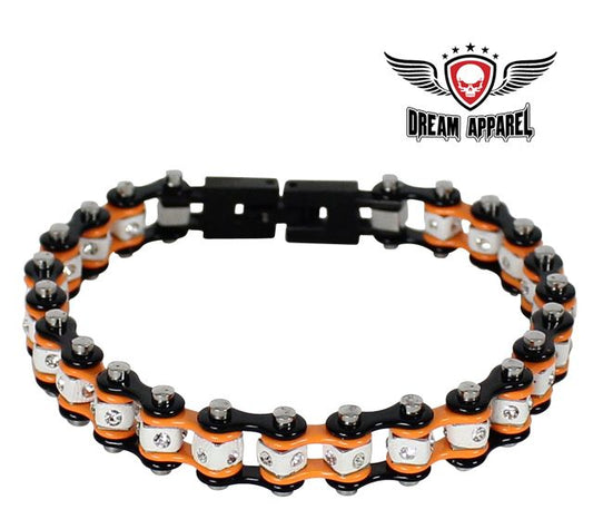 Black And Orange Squared Motorcycle Bracelet W/ Clear Gemstones