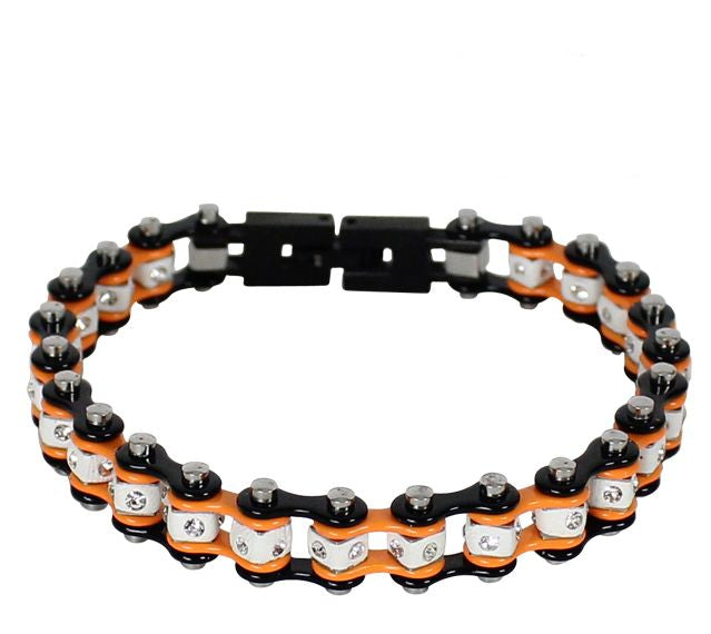 Black And Orange Squared Motorcycle Bracelet W/ Clear Gemstones