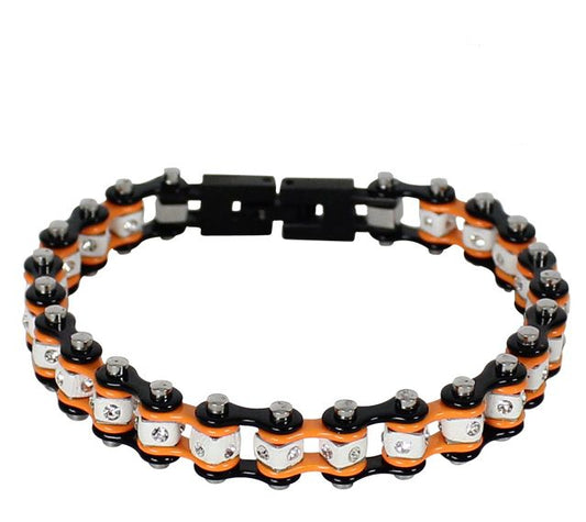Black And Orange Squared Motorcycle Bracelet W/ Clear Gemstones