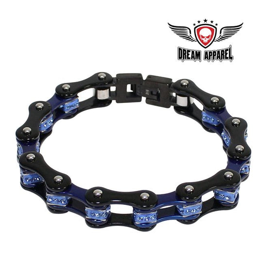 Black On Black Blue Squared Motorcycle Bracelet With Blue Gemstones