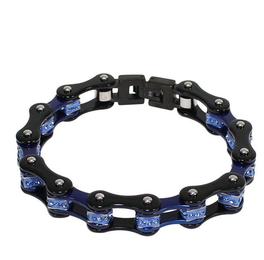 Black On Black Blue Squared Motorcycle Bracelet With Blue Gemstones