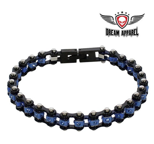 Black Chrome and Blue Squared Motorcycle Bracelet With Blue Gemstones
