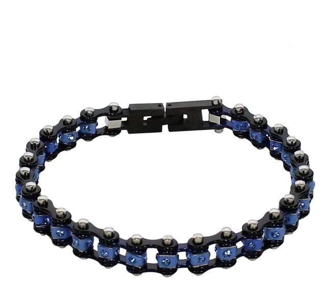 Black Chrome and Blue Squared Motorcycle Bracelet With Blue Gemstones