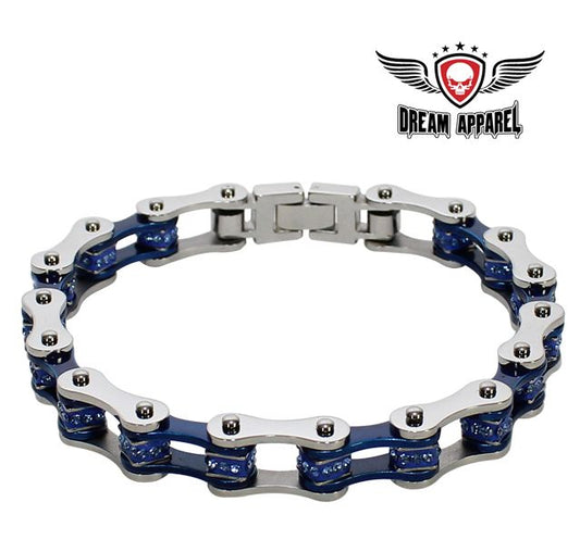 Chrome and Blue Squared Motorcycle Bracelet With Blue Gemstones