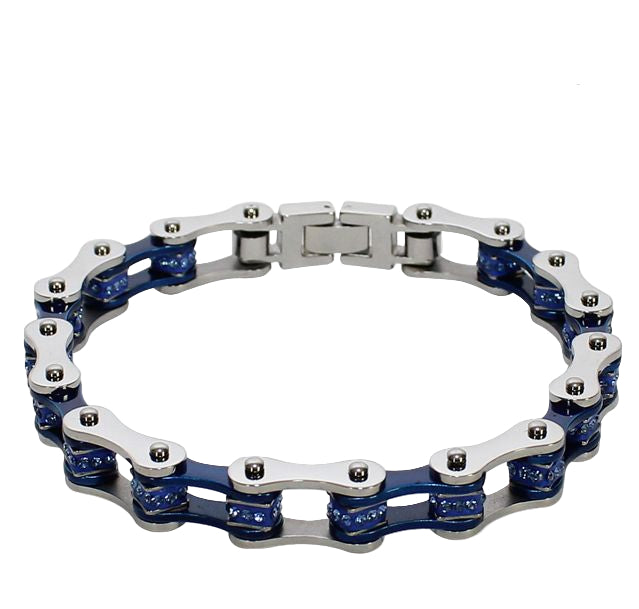 Chrome and Blue Squared Motorcycle Bracelet With Blue Gemstones