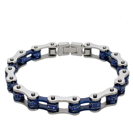 Chrome and Blue Squared Motorcycle Bracelet With Blue Gemstones