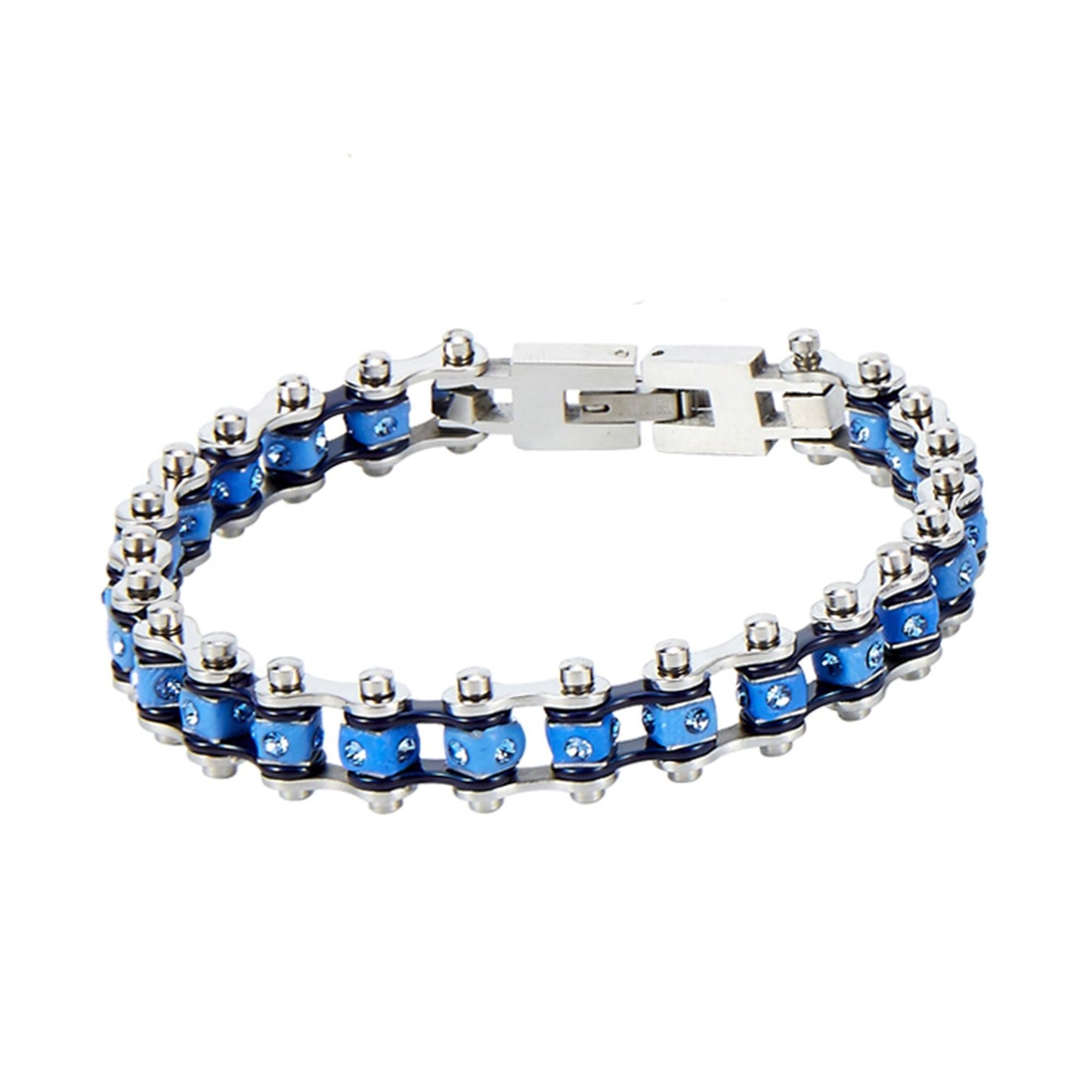 Chrome and Blue Squared Motorcycle Bracelet With Blue Gemstones