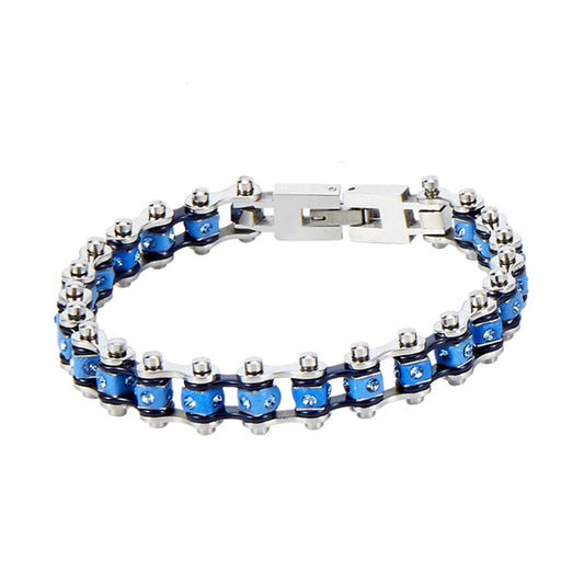 Chrome and Blue Squared Motorcycle Bracelet With Blue Gemstones