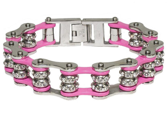 Pink Motorcycle Chain Bracelet with Gemstones