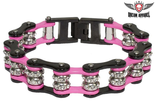 Pink and Black Motorcycle Chain Bracelet with Gemstones