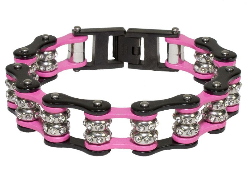 Pink and Black Motorcycle Chain Bracelet with Gemstones