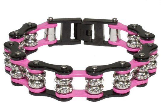 Pink and Black Motorcycle Chain Bracelet with Gemstones
