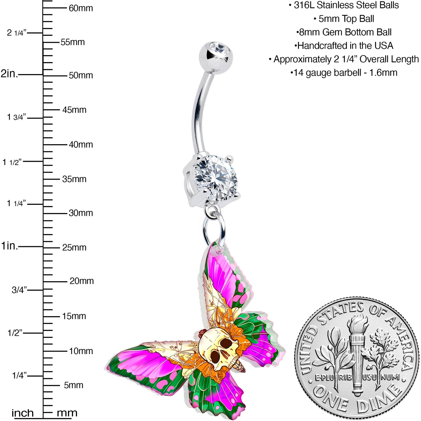 Clear Gem Butterfly Skull Dangle Belly Ring by Onyx O