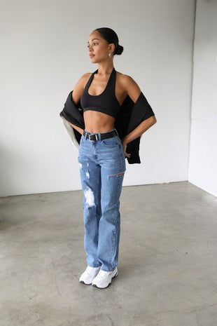 Distressed Straight Leg Denim Jeans