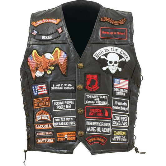 Rock Design Genuine Buffalo Leather Biker Vest with 42 Patches