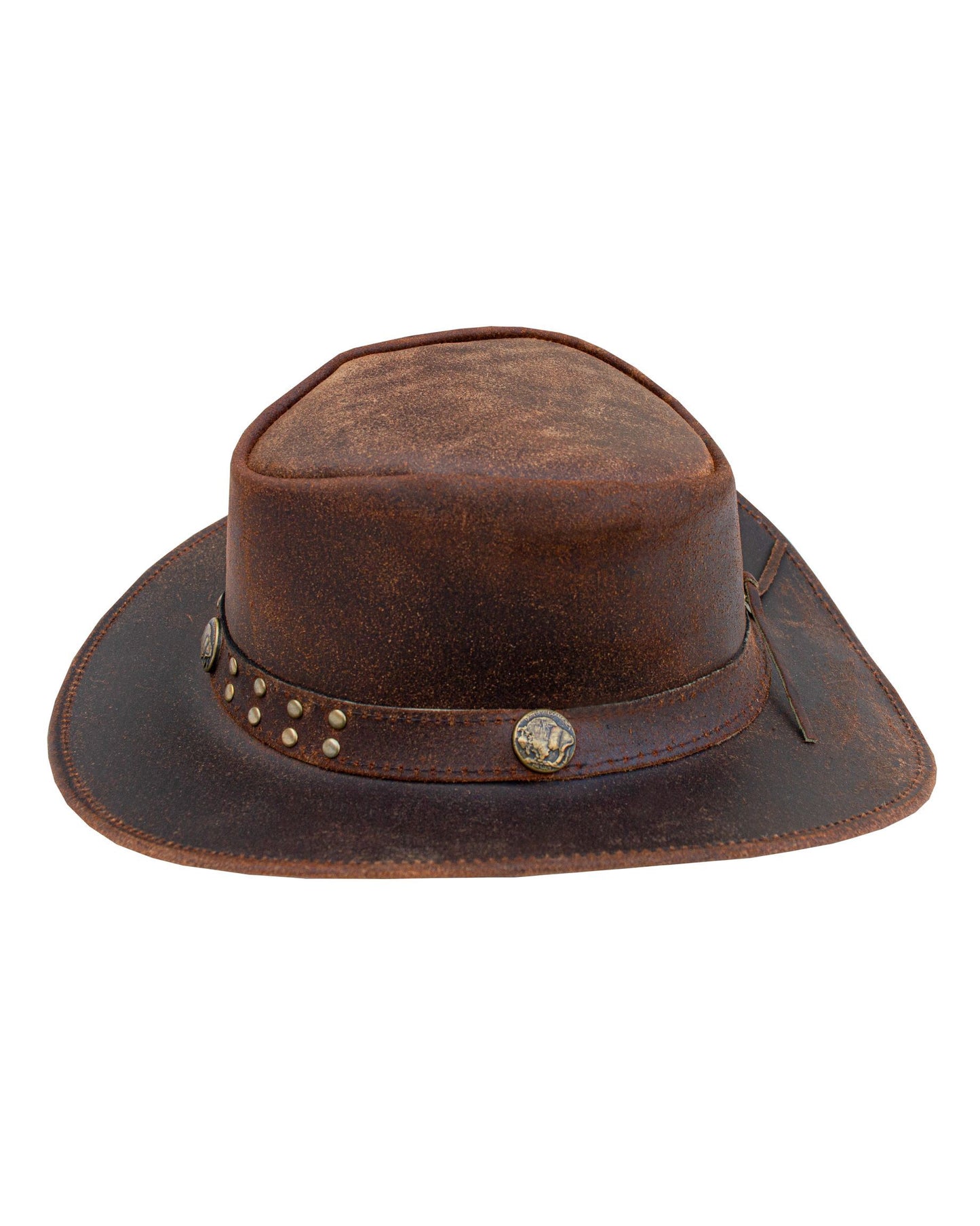 Men's Brown Top-Grain Premium Leather Western Cowboy Studded Hat