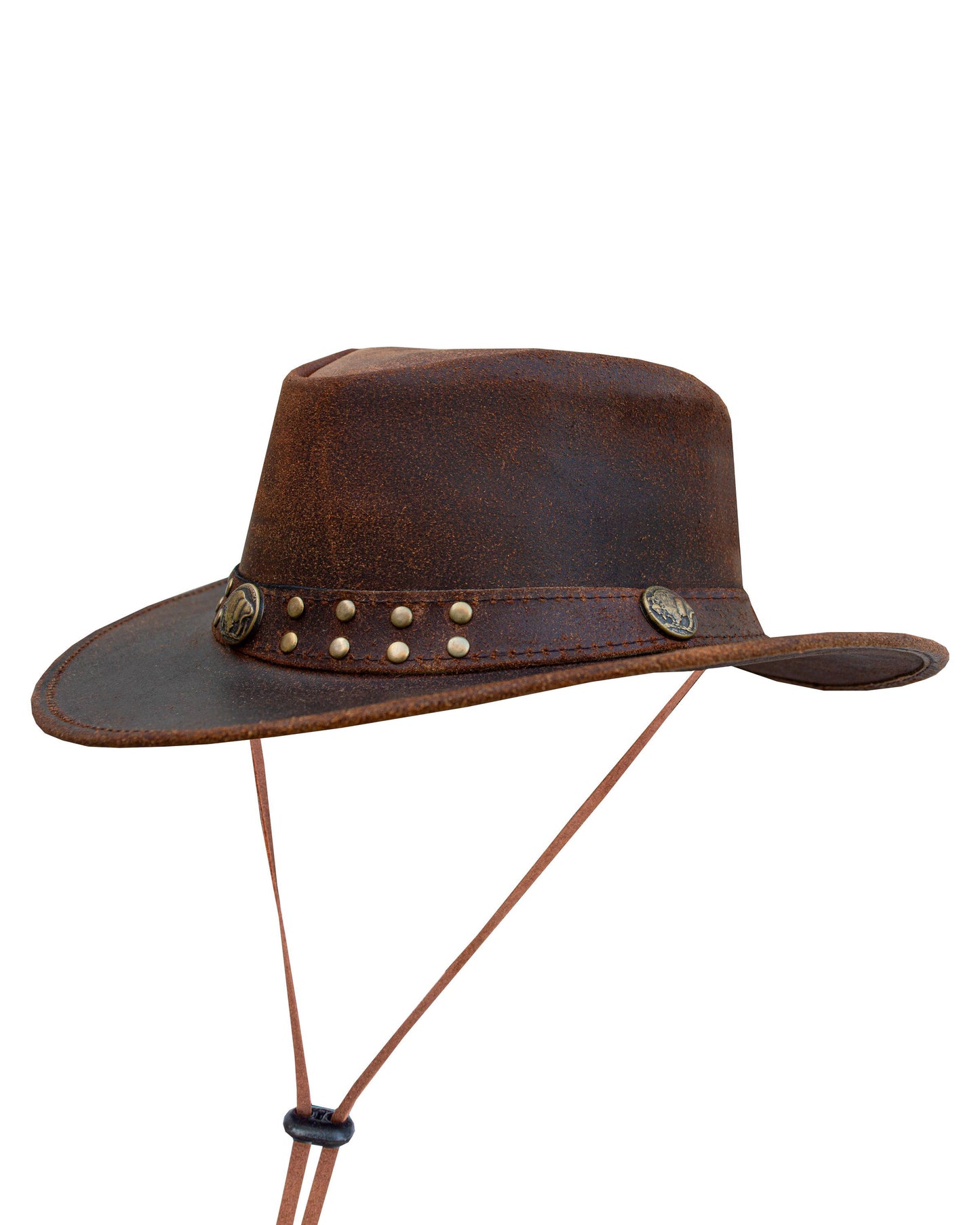 Men's Brown Top-Grain Premium Leather Western Cowboy Studded Hat