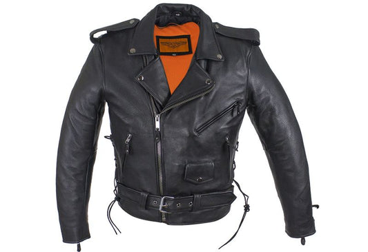 Men's Classic Police Style Motorcycle Jacket With Side Laces Zip-out Lining