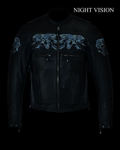 Men's Leather Concealed Carry Racing Jacket with Reflective Skulls Heavy Duty