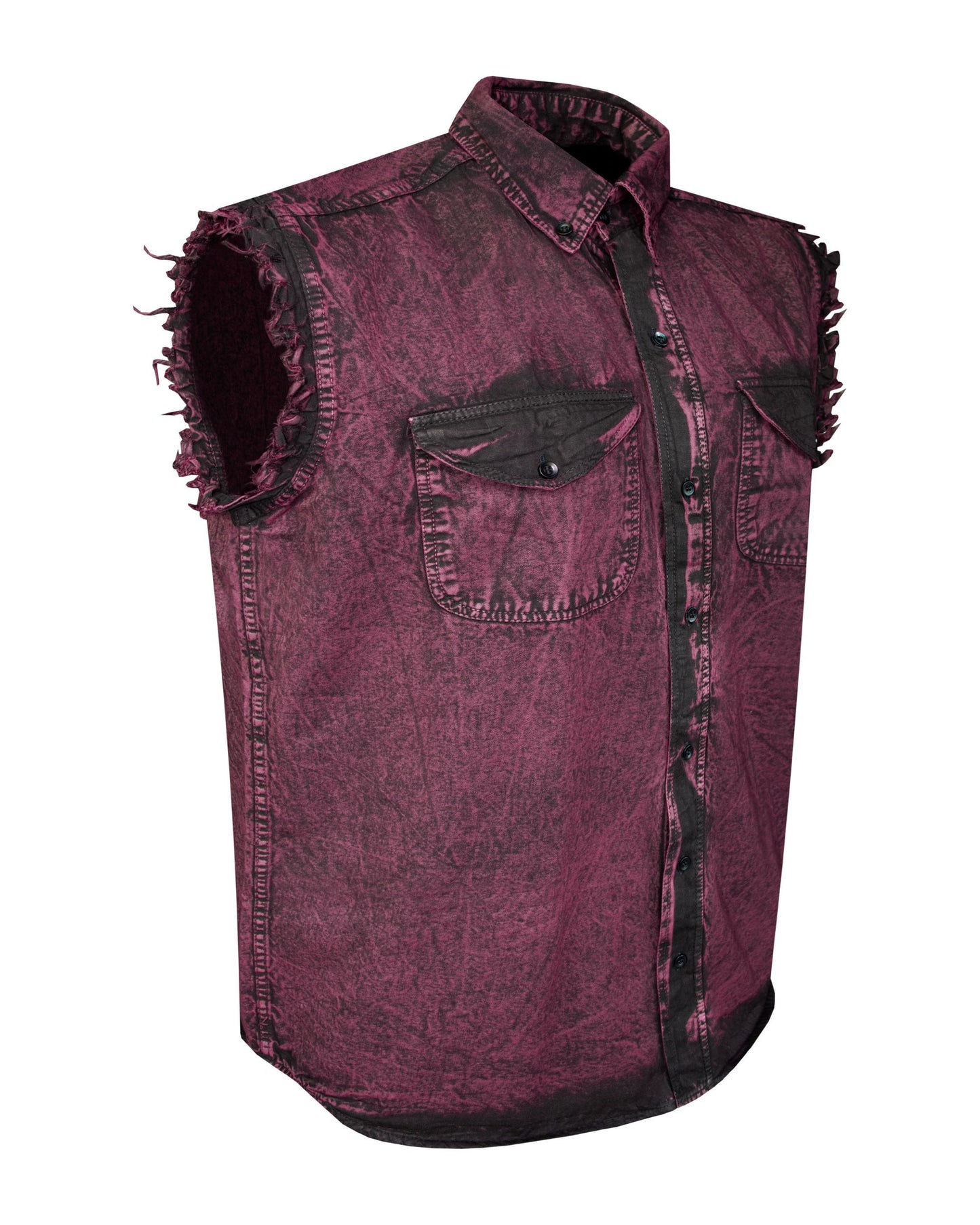 Men's Biker Cutoff Cotton Shirt Stonewash Burgundy