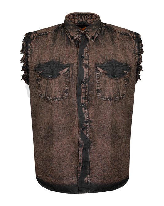 Men's Biker Cutoff Cotton Shirt Stonewash Chocolate Brown