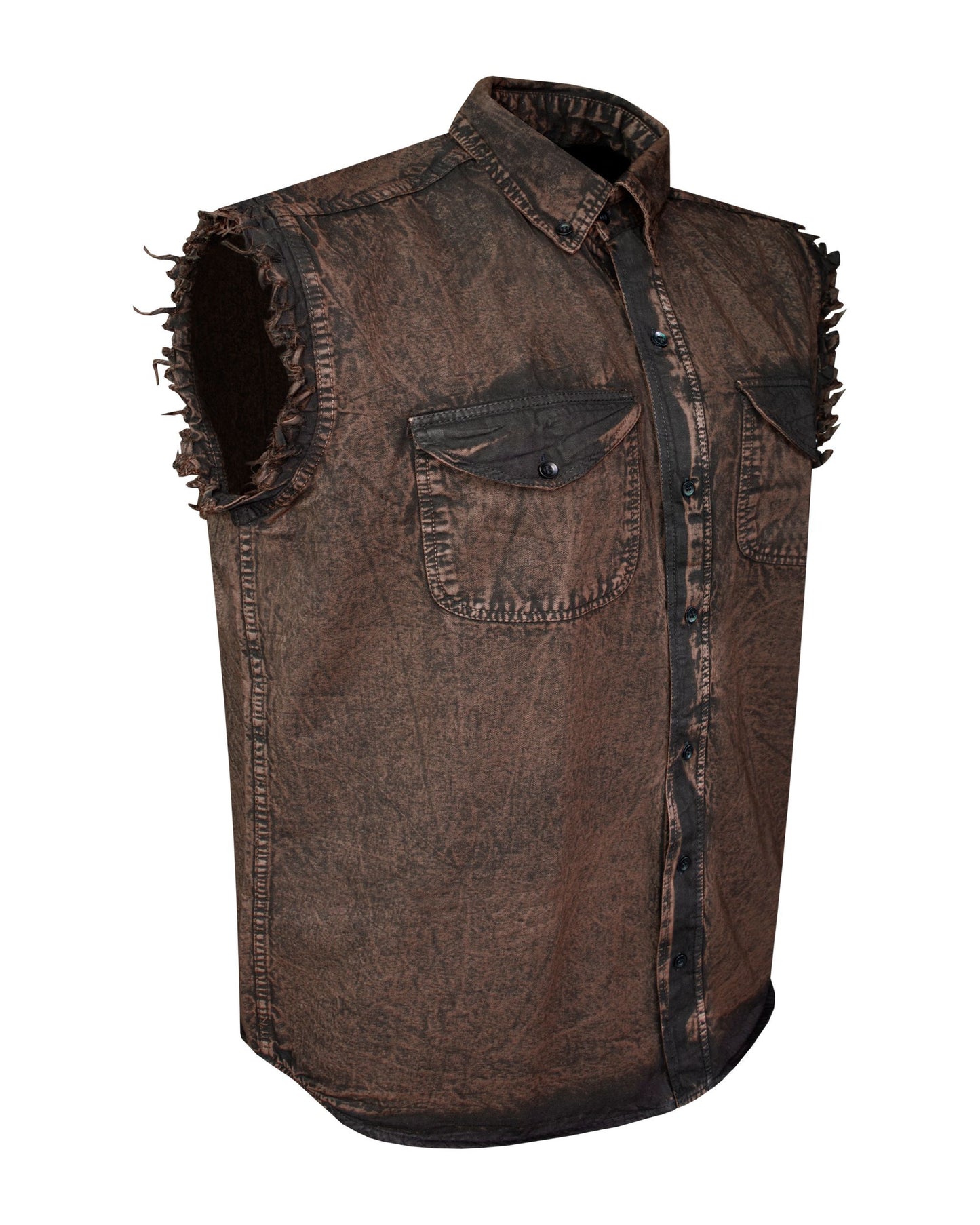 Men's Biker Cutoff Cotton Shirt Stonewash Chocolate Brown