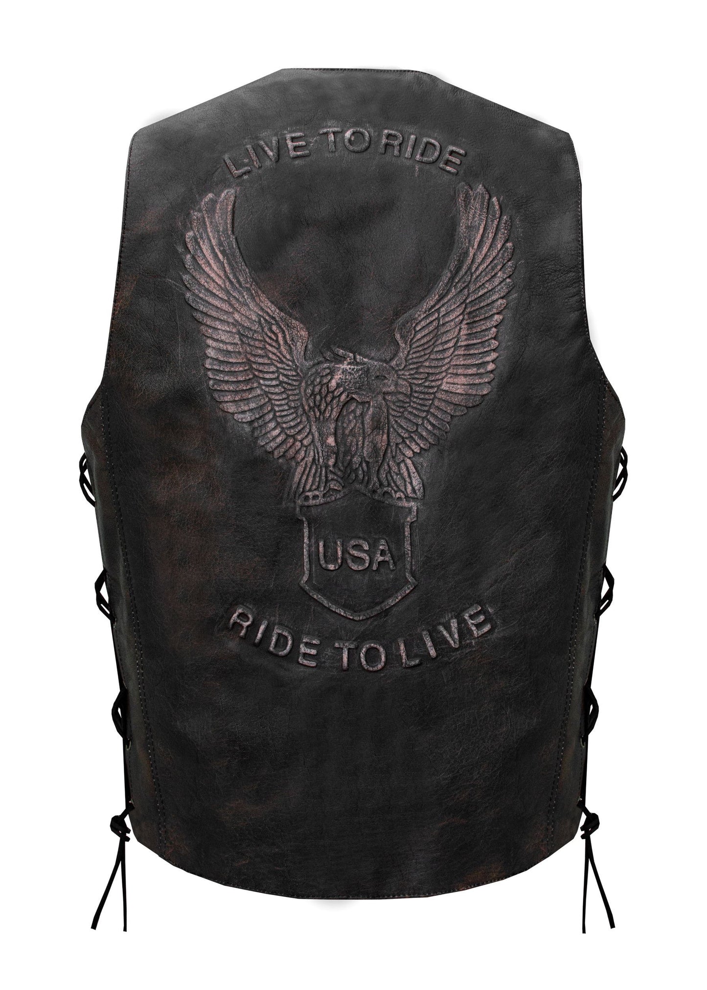 Men's Distressed Brown Vest Side Laces with Emboss Eagle Live to Ride Ride to Live