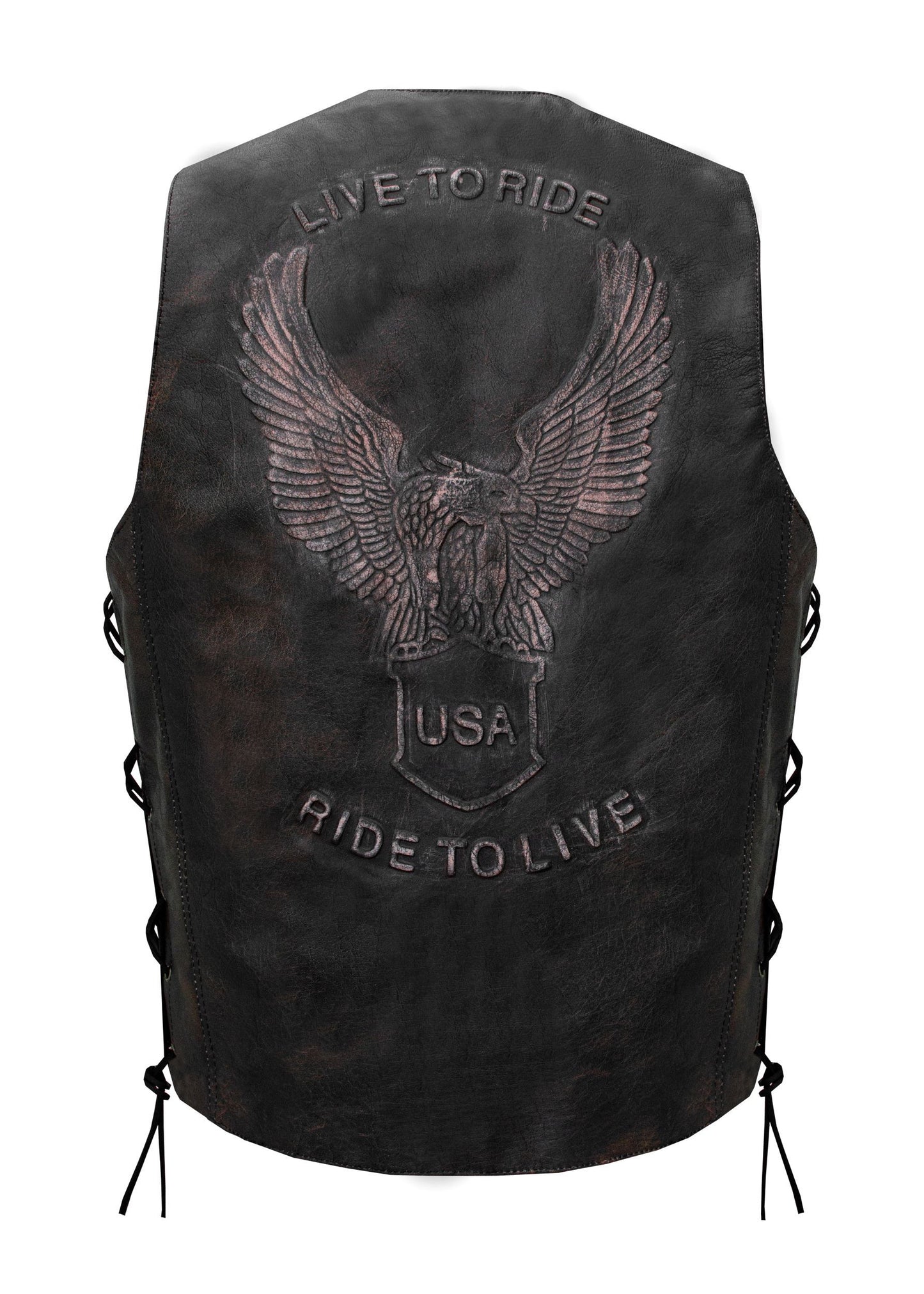 Men's Distressed Brown Vest, Side Laces with Emboss Eagle, Live to Ride, Ride to Live