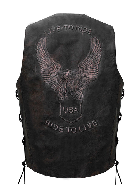 Men's Distressed Brown Vest Side Laces with Emboss Eagle Live to Ride Ride to Live