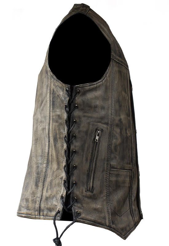 Men's Distressed Brown Motorcycle Vest With 10 Pockets Side Laces