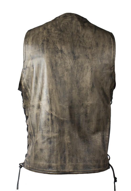 Men's Distressed Brown Motorcycle Vest With 10 Pockets Side Laces