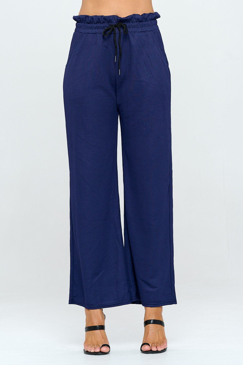 Solid Drawstring Wide Leg Pants NAVY