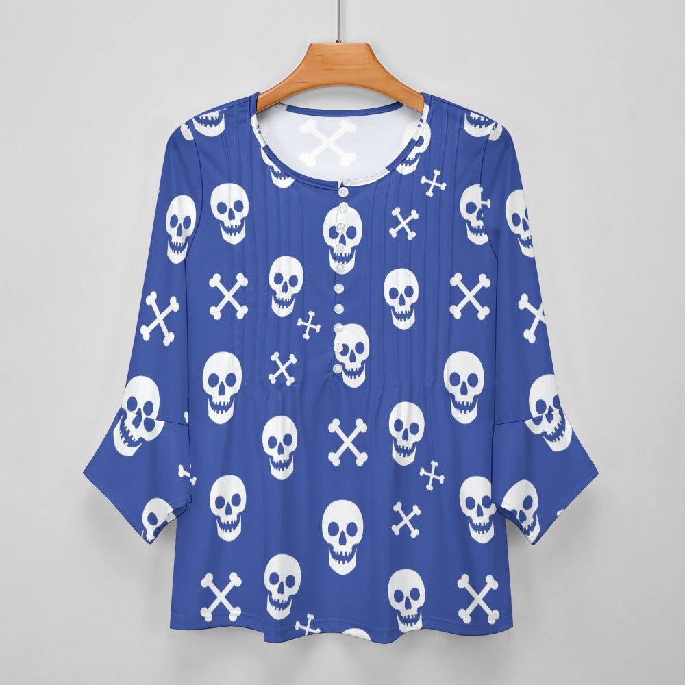 Blue Skull Print Ruffled Petal Sleeve Top