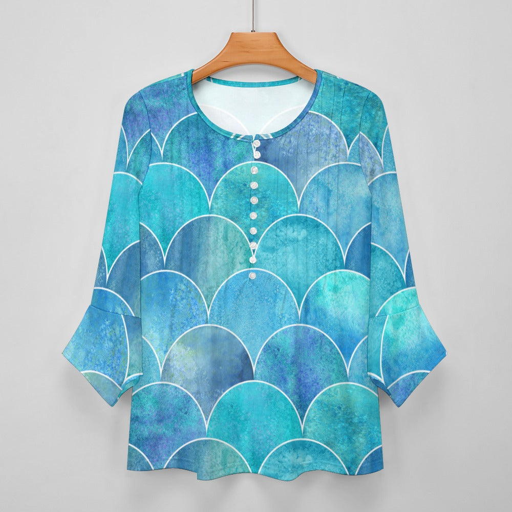 Mermaid Print Ruffled Petal Sleeve Top