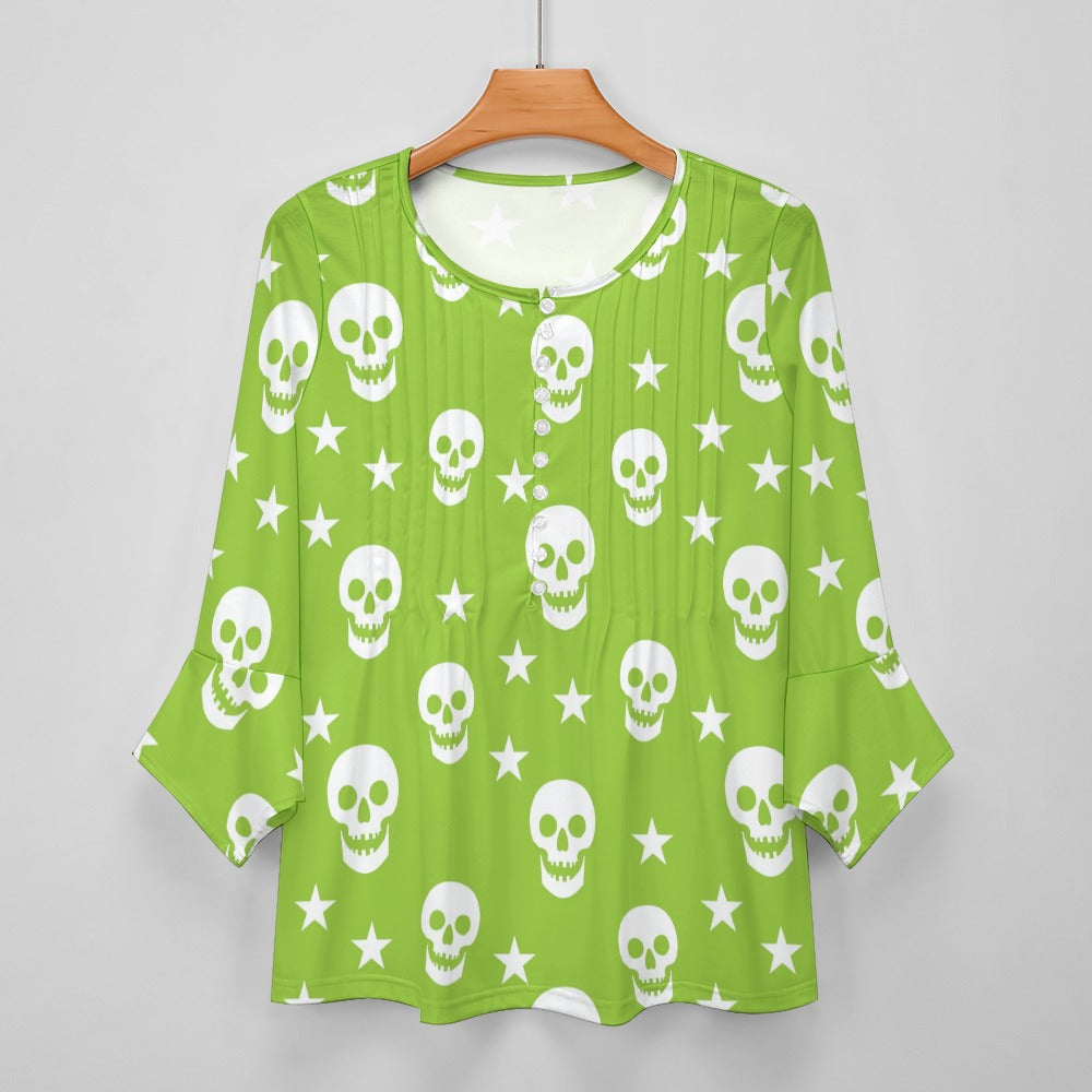 Green Skull Print Ruffled Petal Sleeve Top