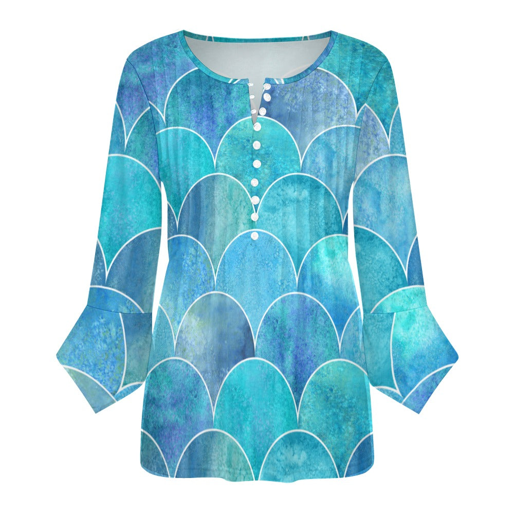 Mermaid Print Ruffled Petal Sleeve Top