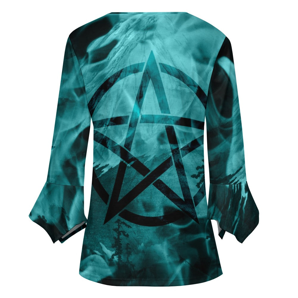 Blue Pentagram Ruffled Petal Sleeve Top