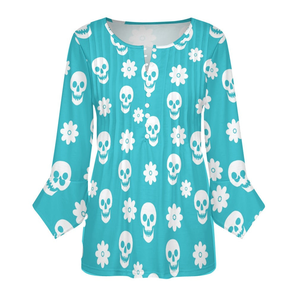 Lt Blue Floral Skulls Ruffled Petal Sleeve Top