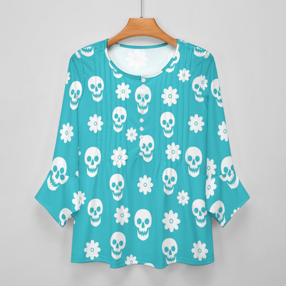 Lt Blue Floral Skulls Ruffled Petal Sleeve Top