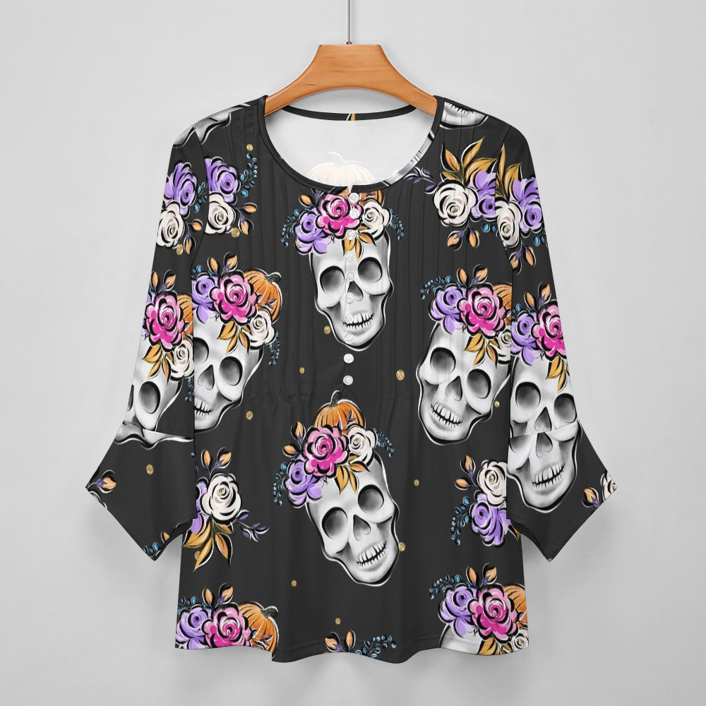 Floral Skulls Ruffled Petal Sleeve Top