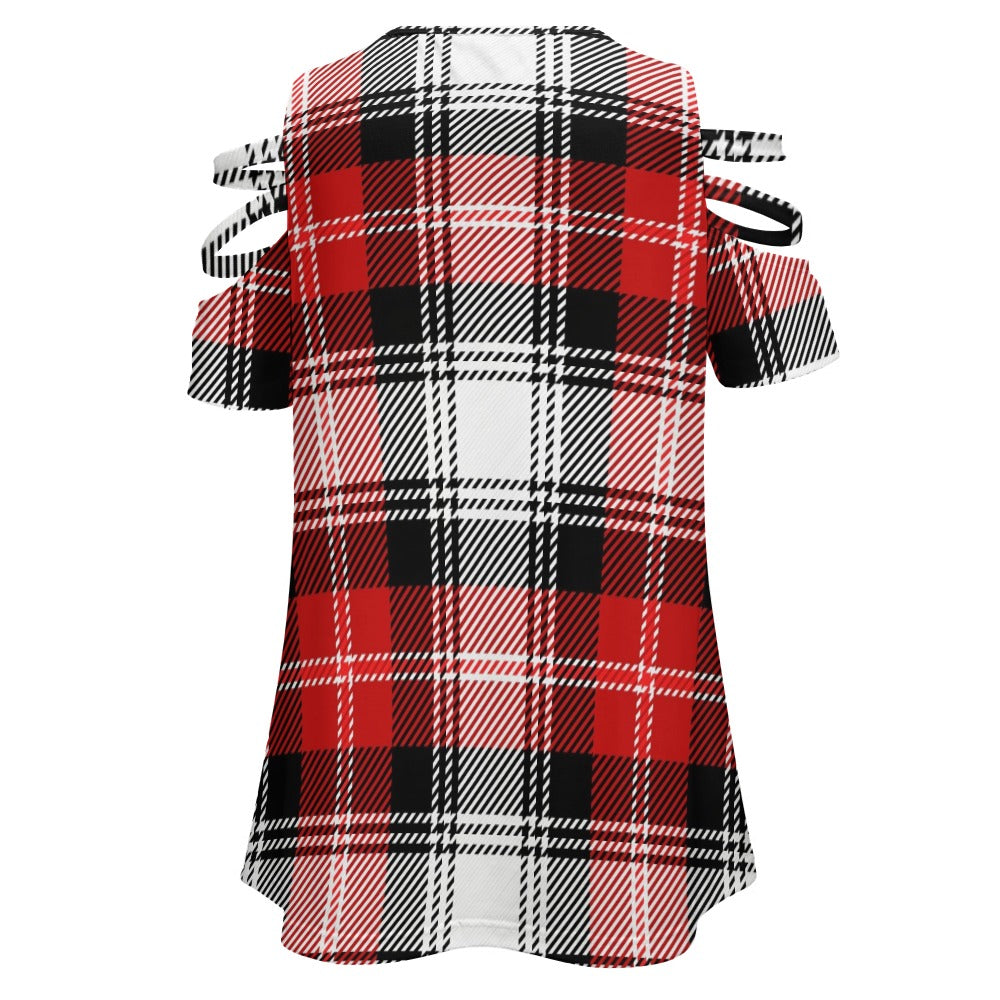 Ladies Plaid BE Zip Off Shoulder Top