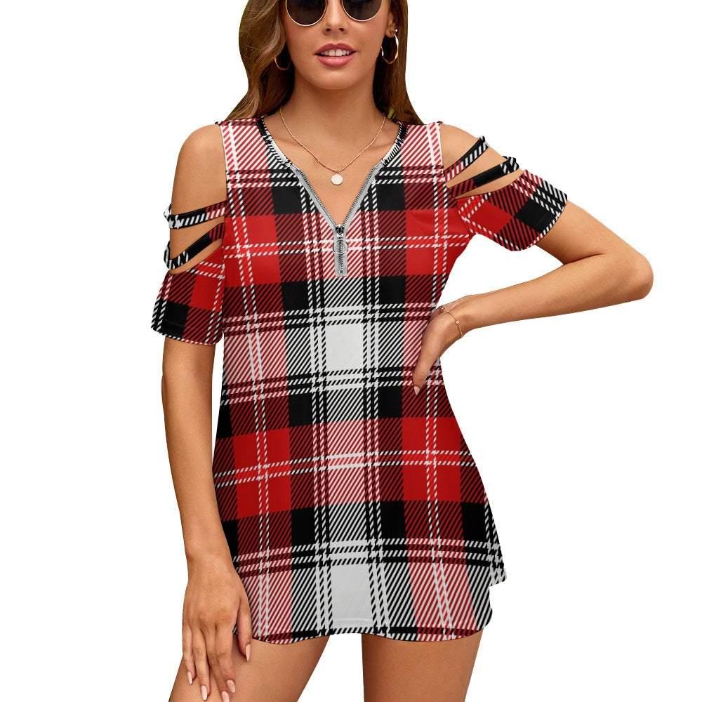 Ladies Plaid BE Zip Off Shoulder Top