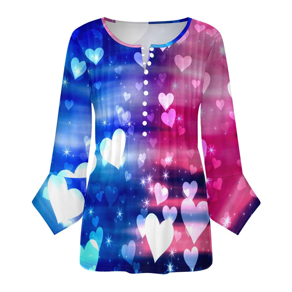 Hearts Print Ruffled Petal Sleeve Top