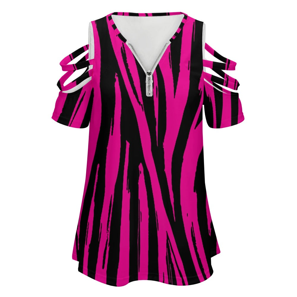 Ladies Striped BE Zip Off Shoulder Top