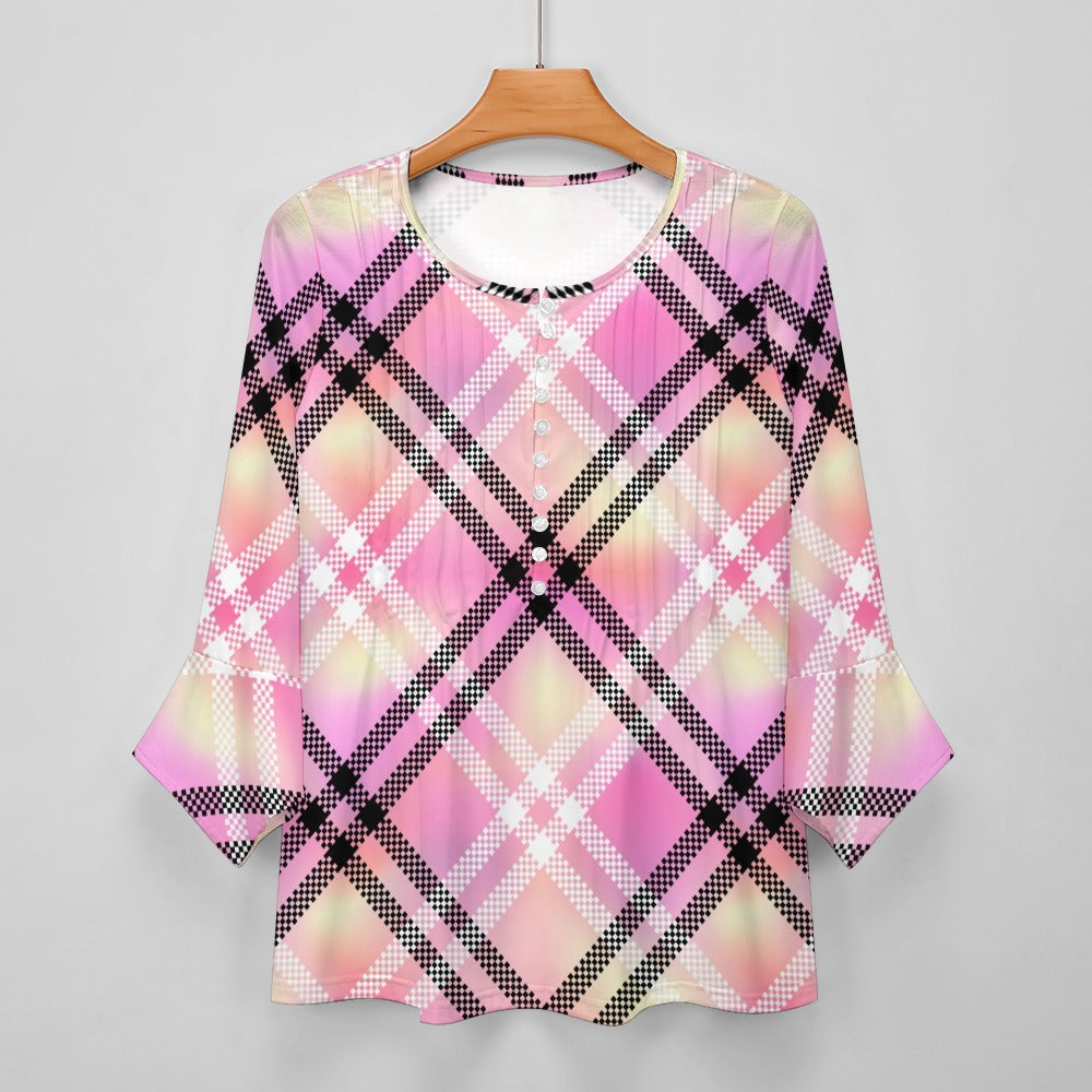 Pink Plaid Ruffled Petal Sleeve Top
