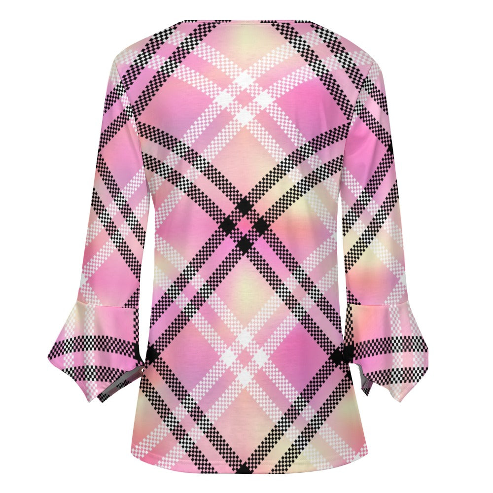 Pink Plaid Ruffled Petal Sleeve Top