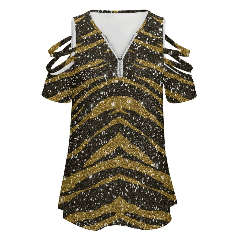Ladies Glitter Glam BE Zip Off Shoulder Top