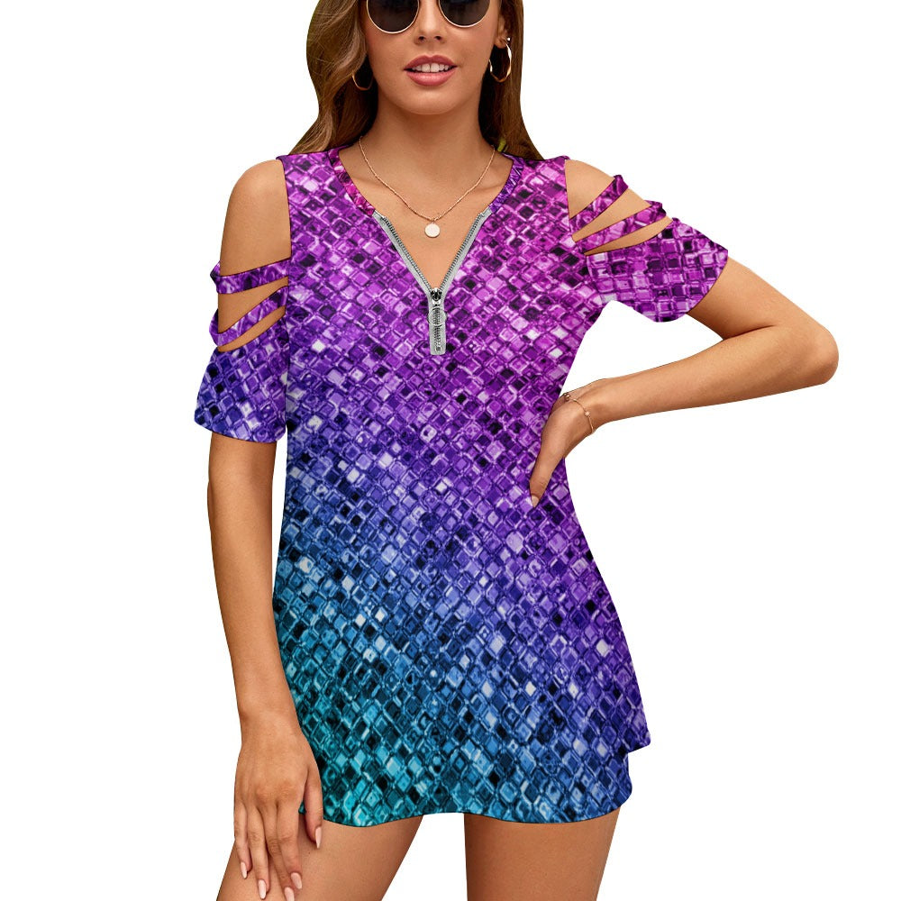 Ladies Glitter Look Zip Off Shoulder Top